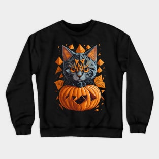 Geometric Halloween Cat on Pumpkin Crewneck Sweatshirt